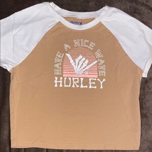 Hurley Tan and White Raglan Tee with Pink Graphic Hand Sign